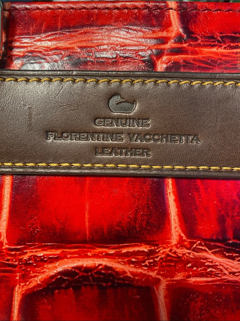 Dooney & Bourke Red Croc-Embossed Leather Satchel with Brown Trim